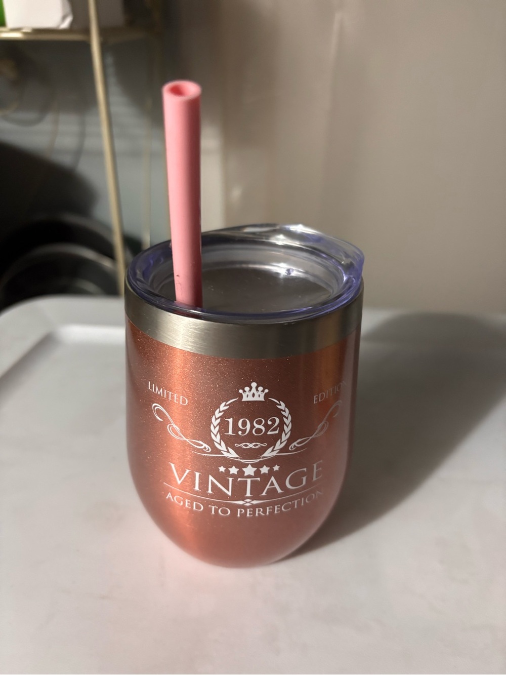 Vintage Rose Gold Stainless Tumbler with Pink Straw for 1982 Birth Year